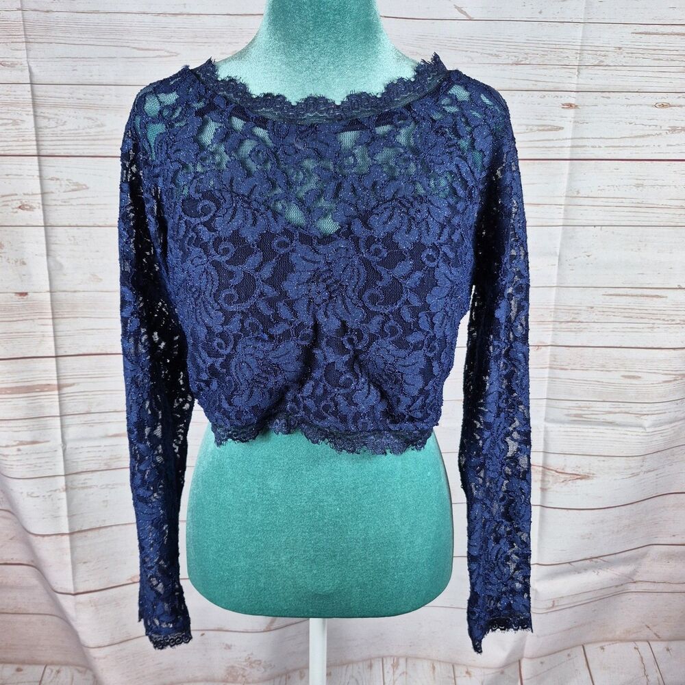 Sequin Hearts Formal Crop Top Dark Blue Shimmer Lace Juniors Sz 13 Long Sleeve
